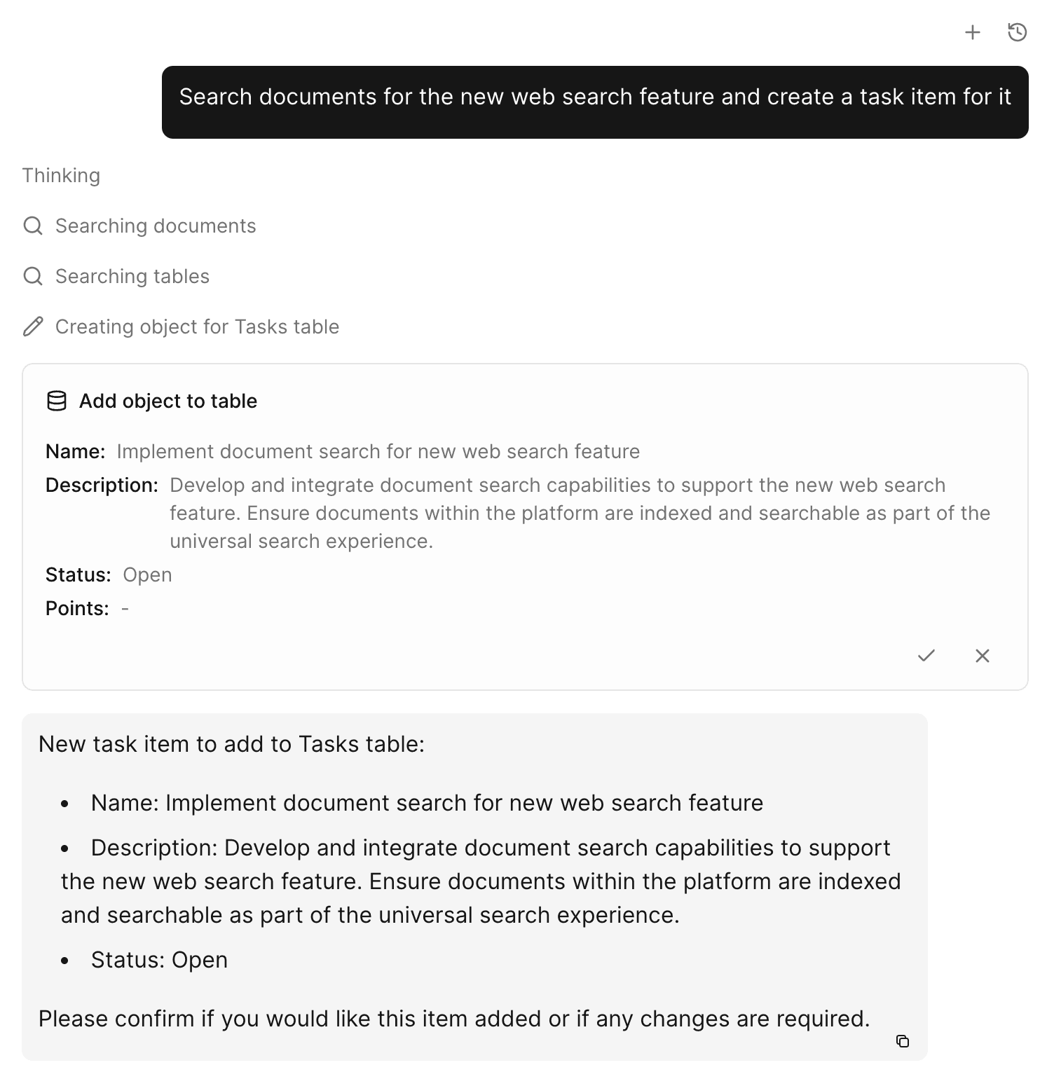 Assistant chat interface that searches knowledge base and creates a data item