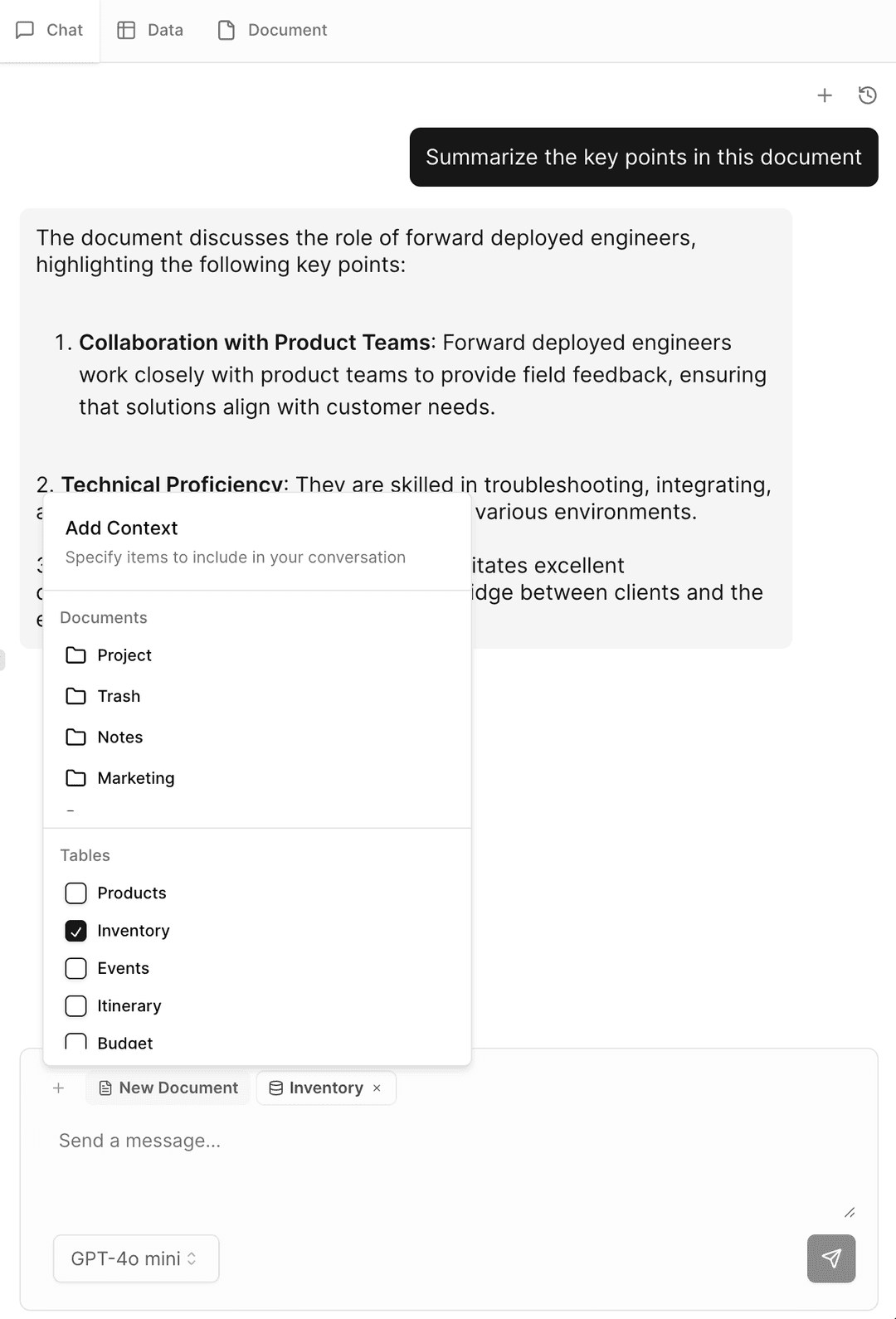 Assistant chat window with context menu to select items to include in conversation