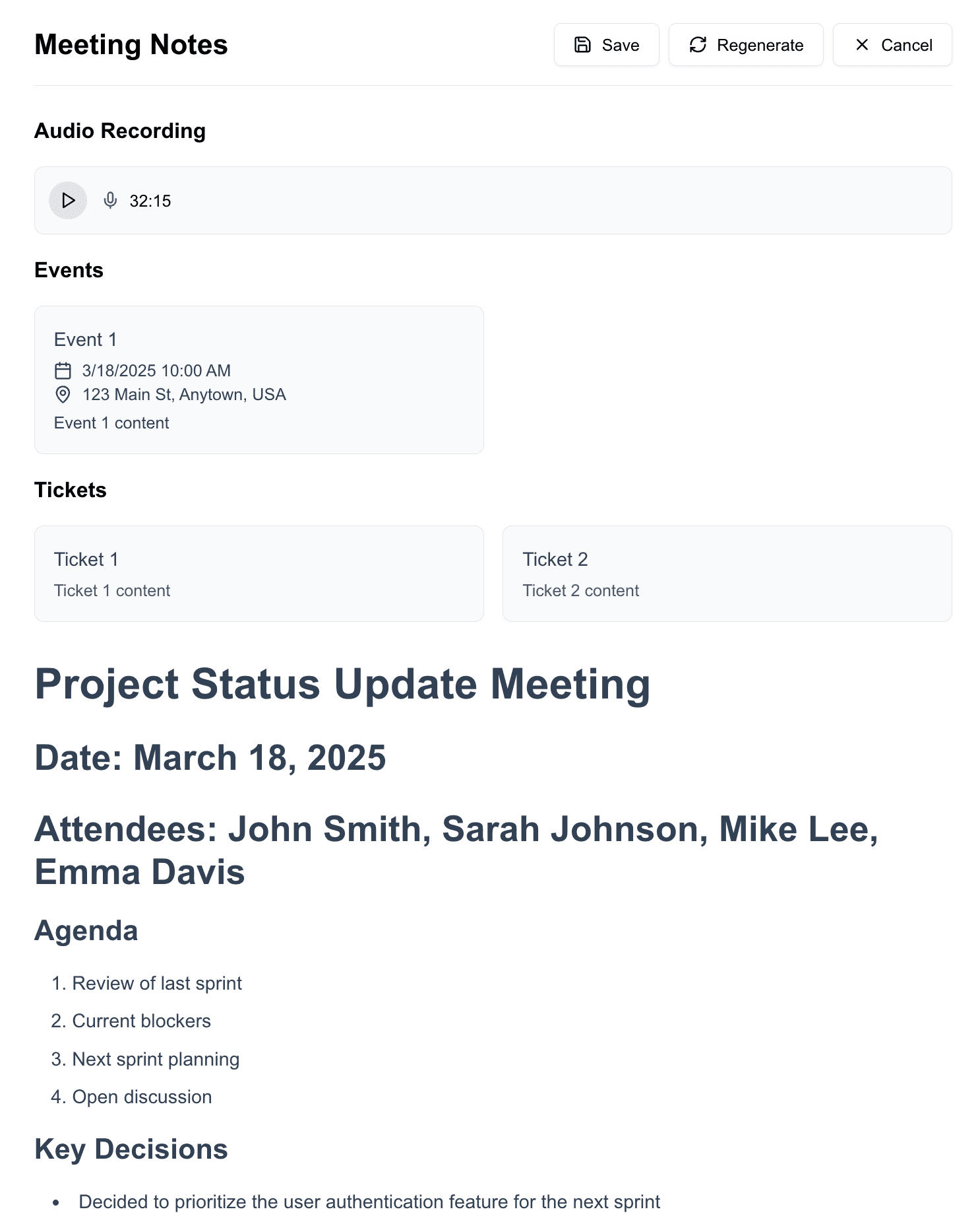 Result output of intelligent parsing by extracting events, tasks, and notes