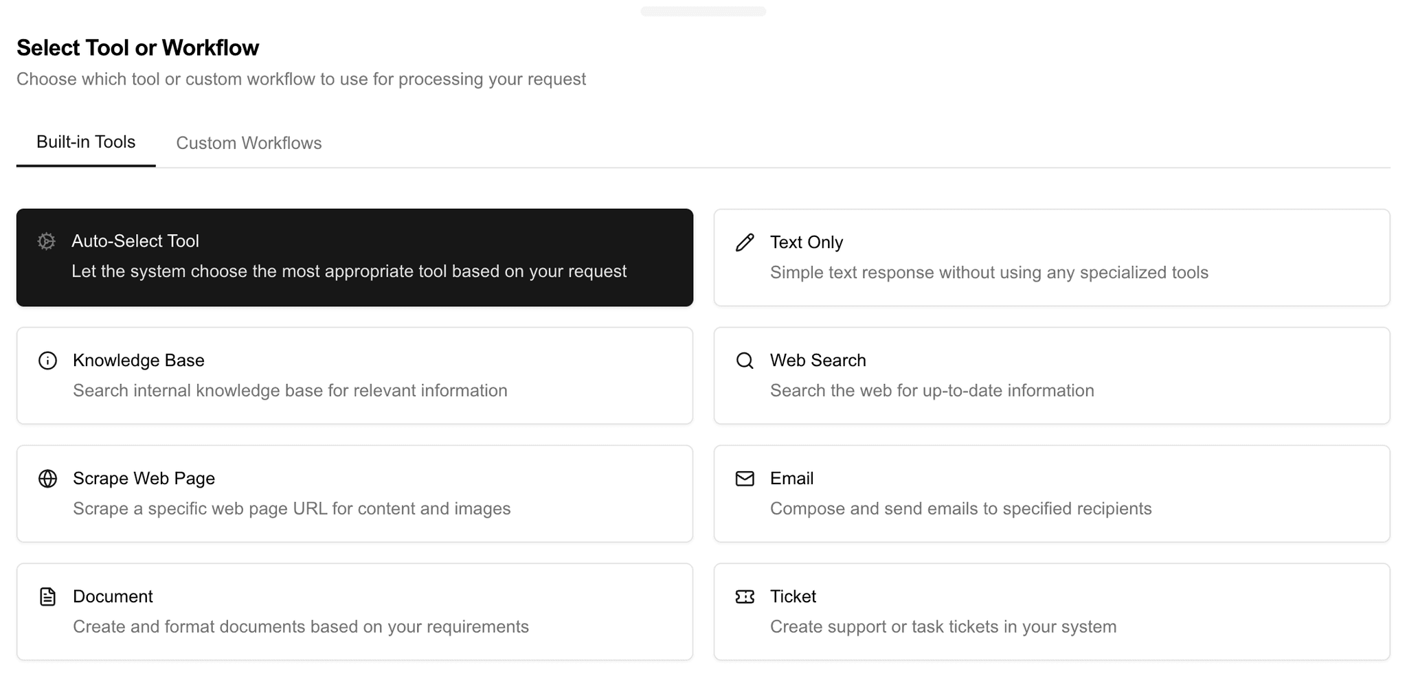 Select from multiple tools like web search, create documents, and more